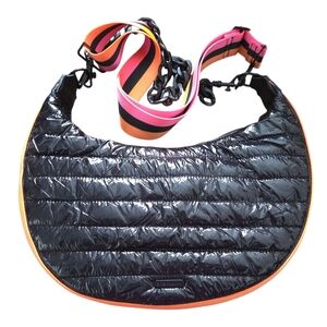 BCBGeneration Black Puffer Puffy Crossbody Bag Purse Orange & Pink Racer Stipes